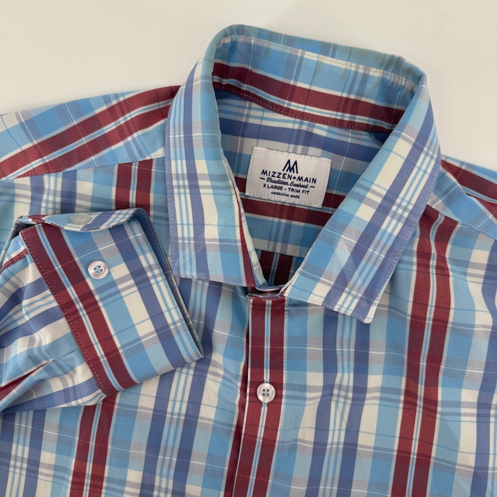 Mizzen+Main Mens XL Trim Fit Blue Burgundy Plaid Long Sleeve Button Down Shirt